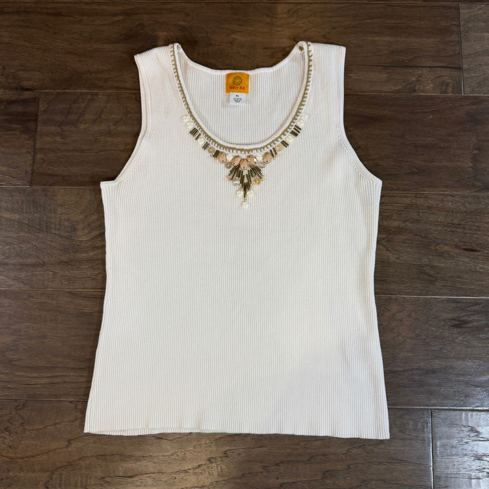 Ruby Rd Womens XL Cream Ribbed Knit Tank Top Embellished Beaded Scoop Neck Shell